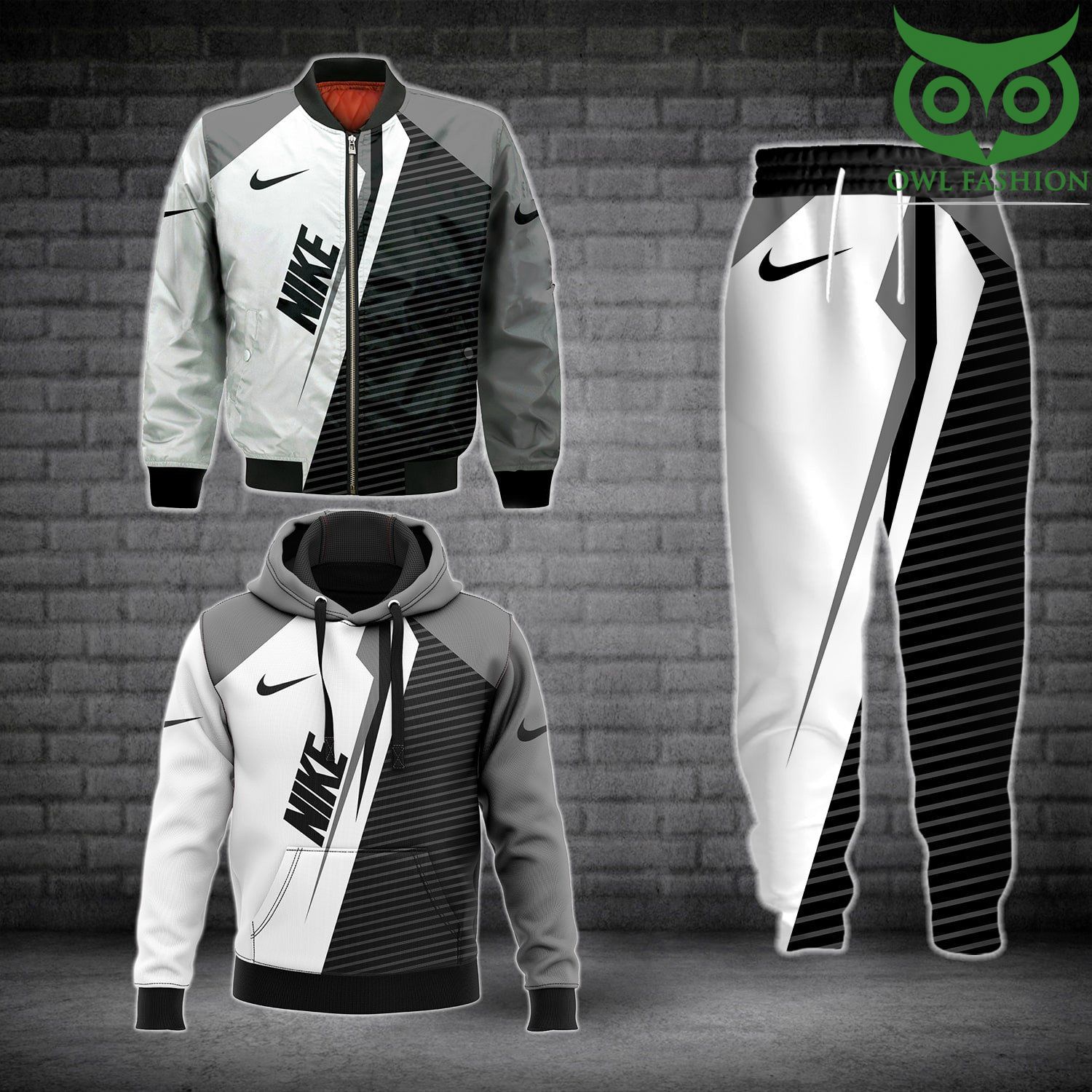 17 Nike black and white stripes pattern bomber jacket hoodies and sweatpants
