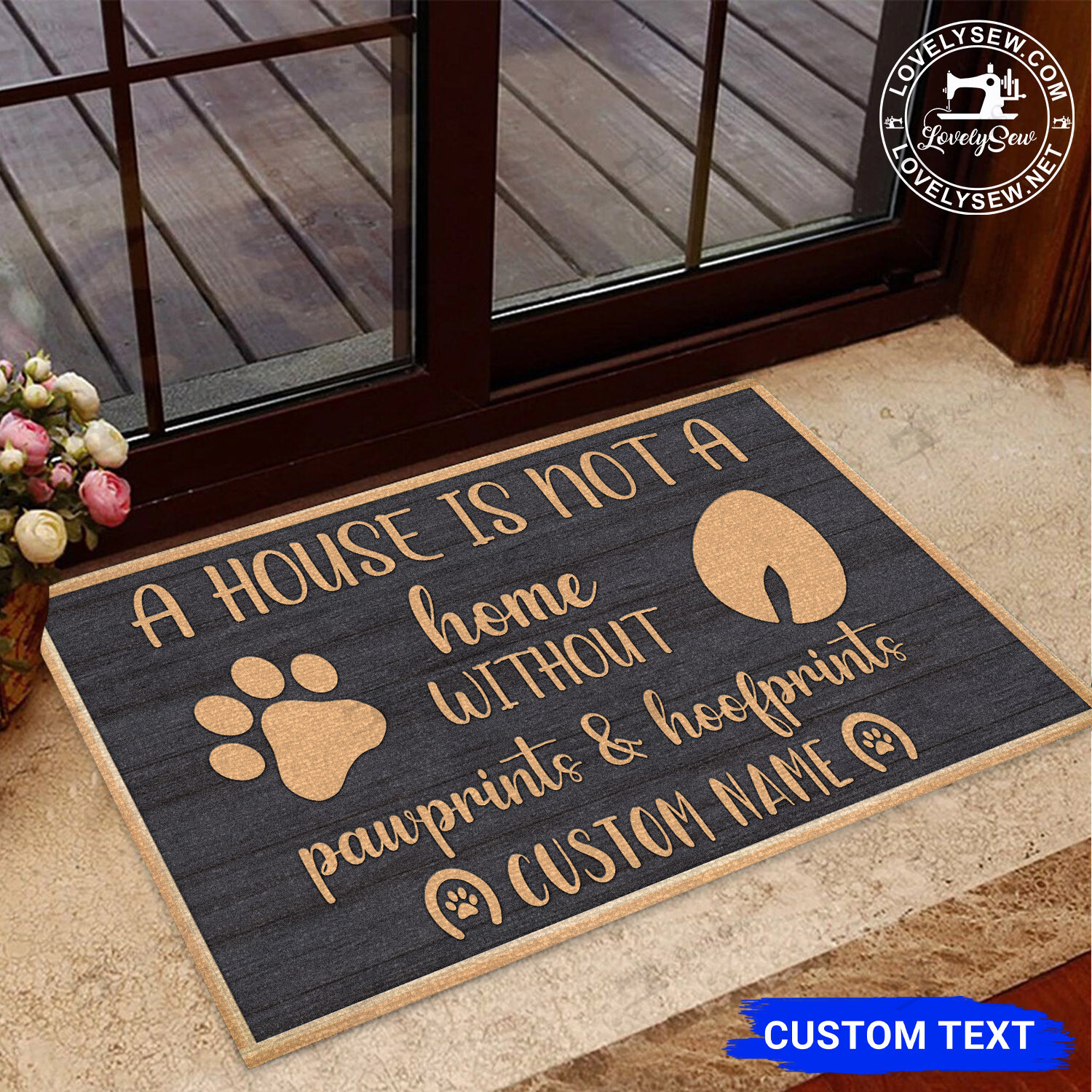 73 Custom Name Dog Paw and Horse Hoof Black and Brown Doormat