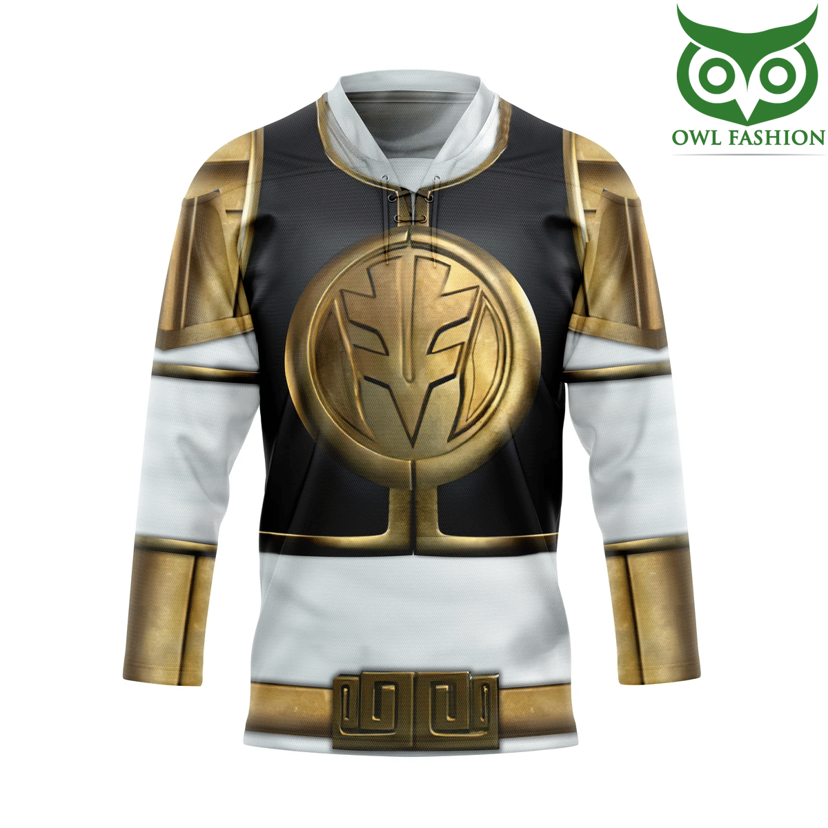 63 3D Mighty Morphin White Power Rangers Custom Hockey Jersey