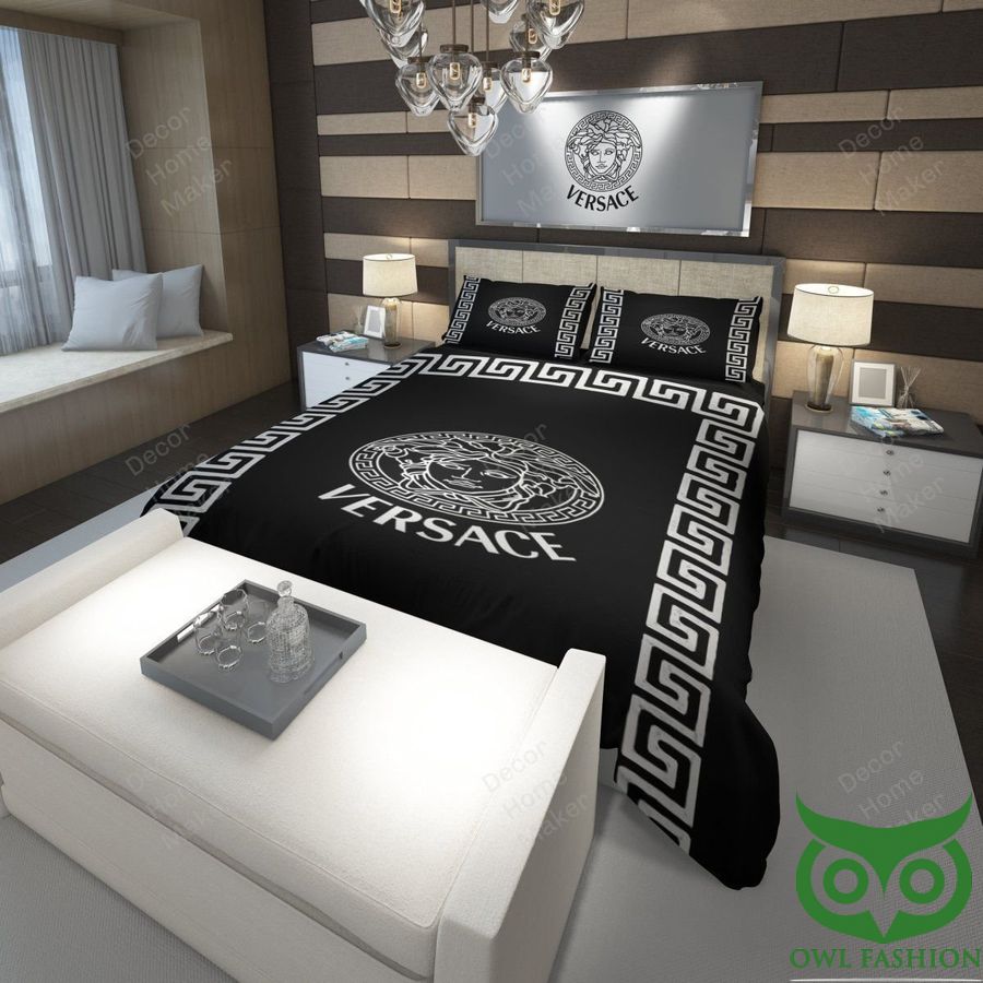 25 Luxury Versace Black with Gray Medusa Head and Greca Patterns Bedding Set