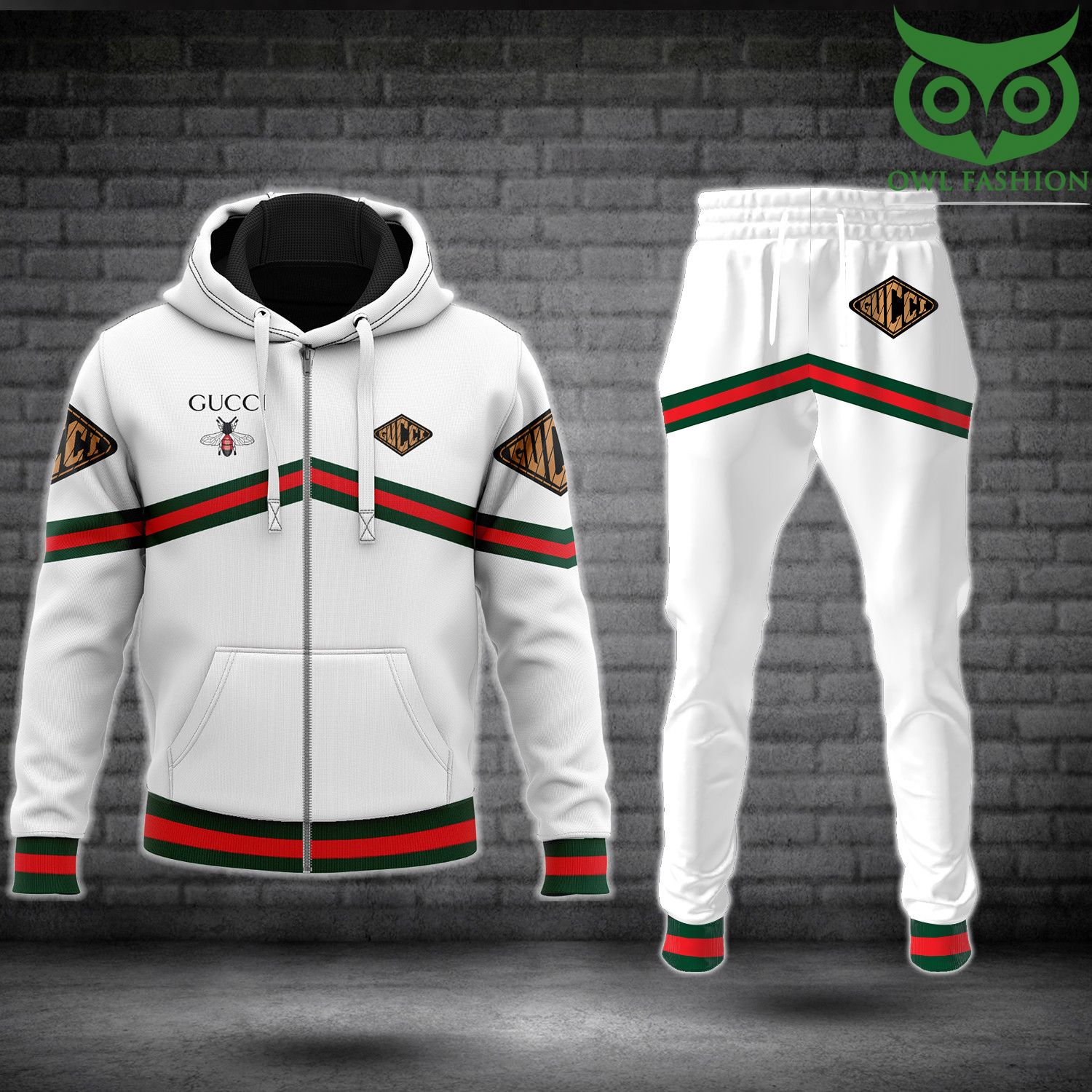 3 Gucci Bee red lines white hoodie and pants set