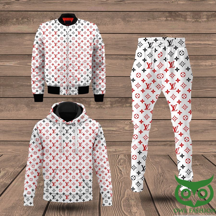 56 Luxury Louis Vuitton White with Black and Red Monogram 3D Shirt and Pants