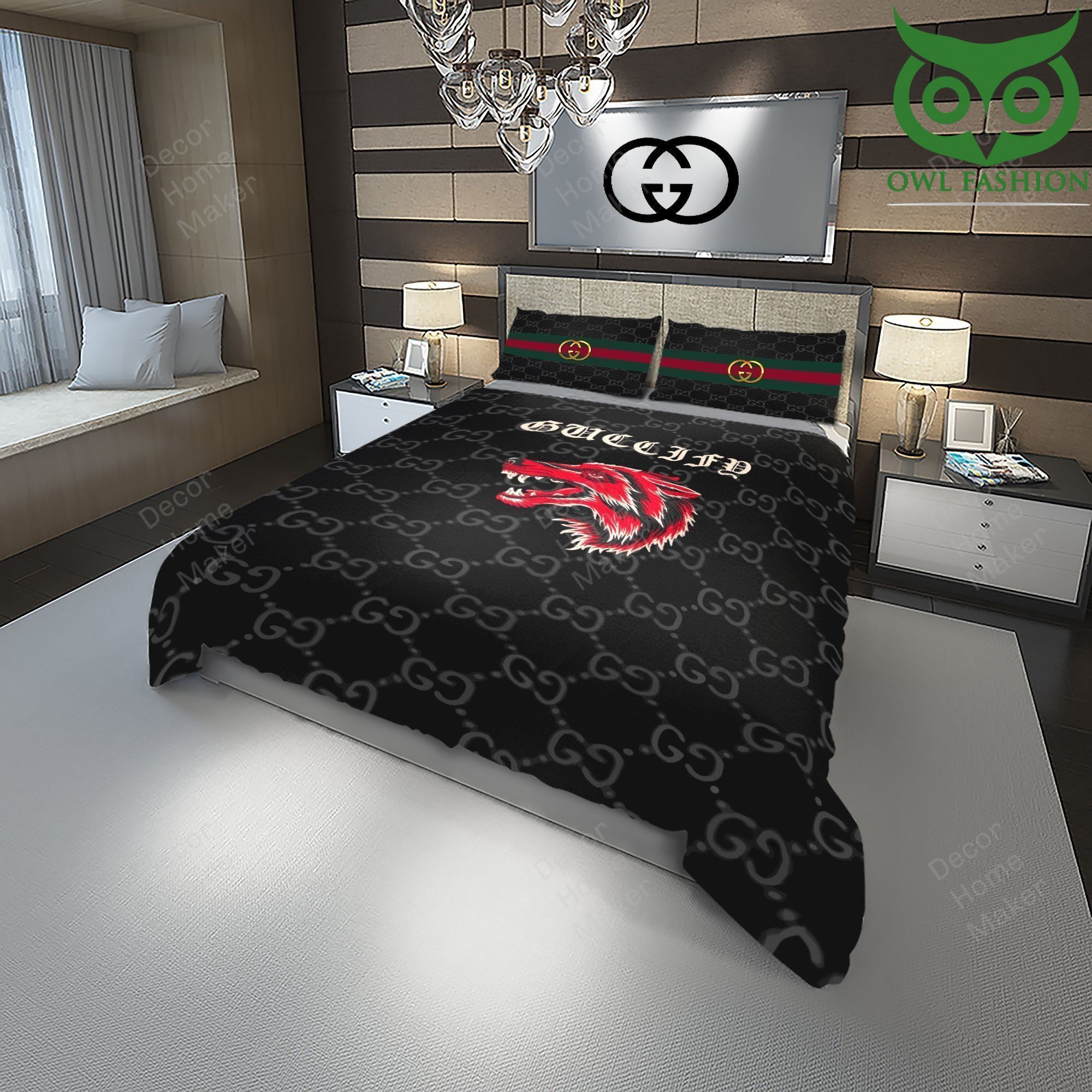 33 Gucci red wolf black bedding set limited edition