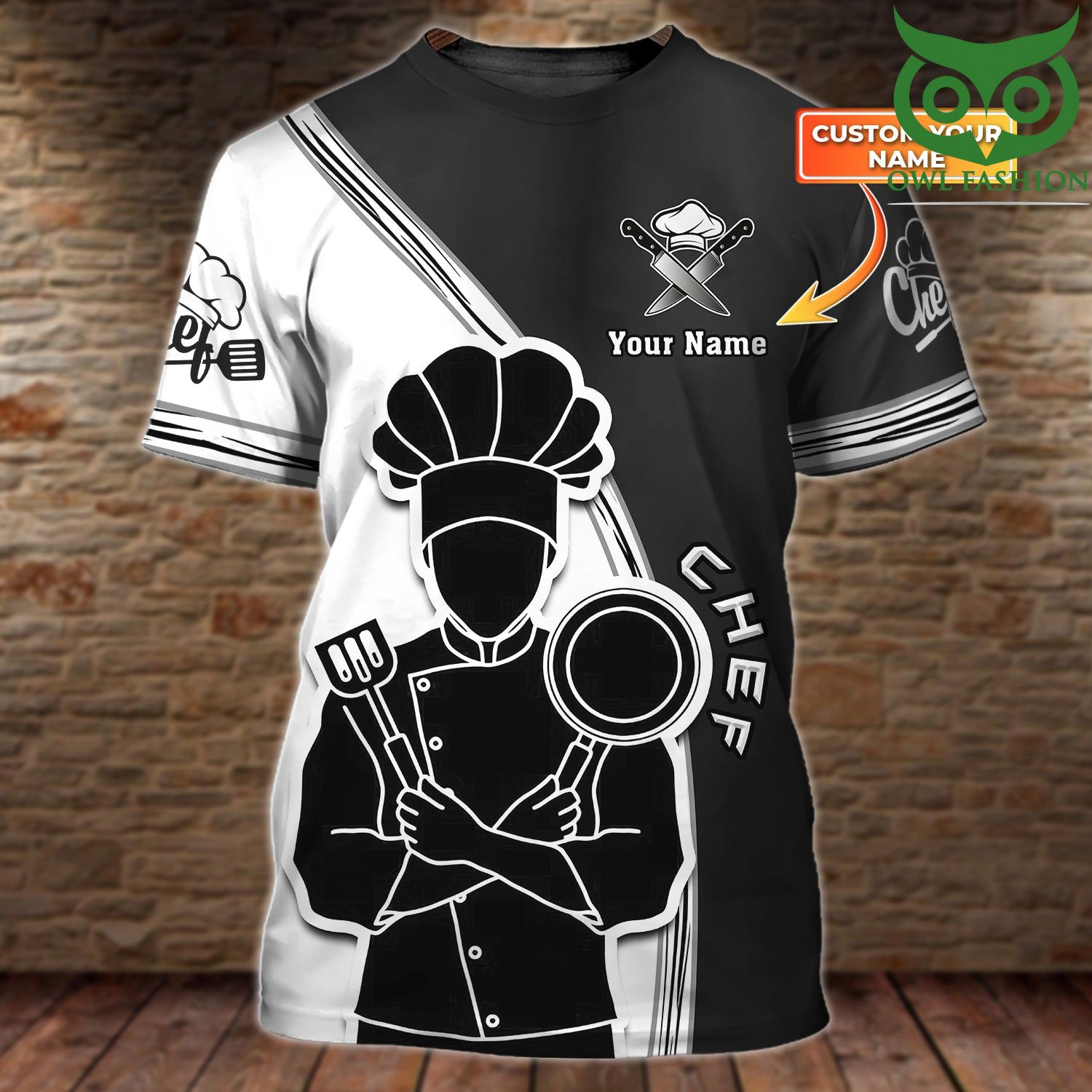 131 Chef Cooking Lover Personalized Name black and white 3D Tshirt