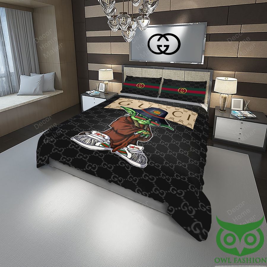 14 Luxury Gucci Black Small Logos with Cartoon Character in Center Bedding Set