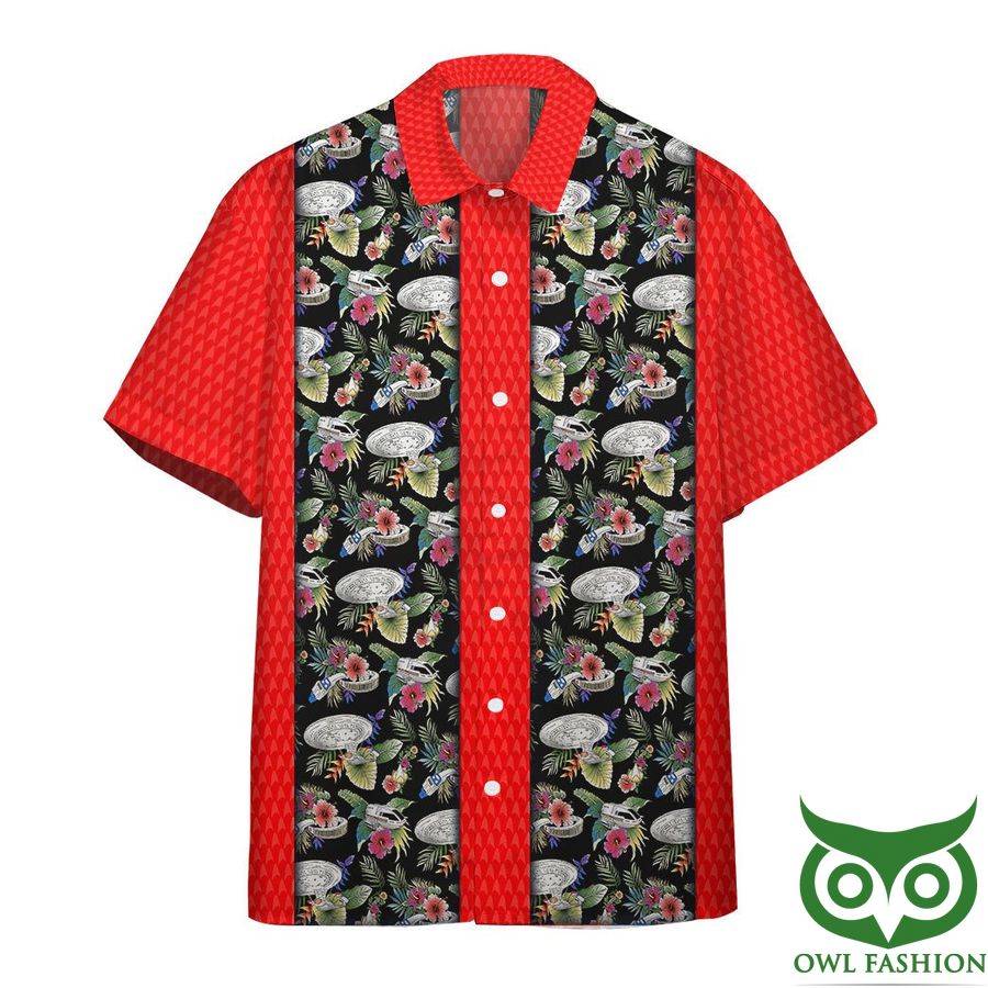 97 Star Trek Red Vertical and Black with Flower and Leaves Patterns Hawaiian Shirt