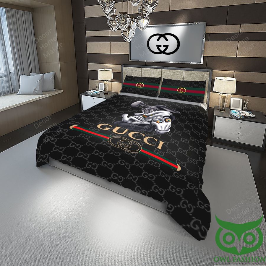 10 Luxury Gucci Black with Big Cartoon Rabbit in Center and Small Logos Bedding Set