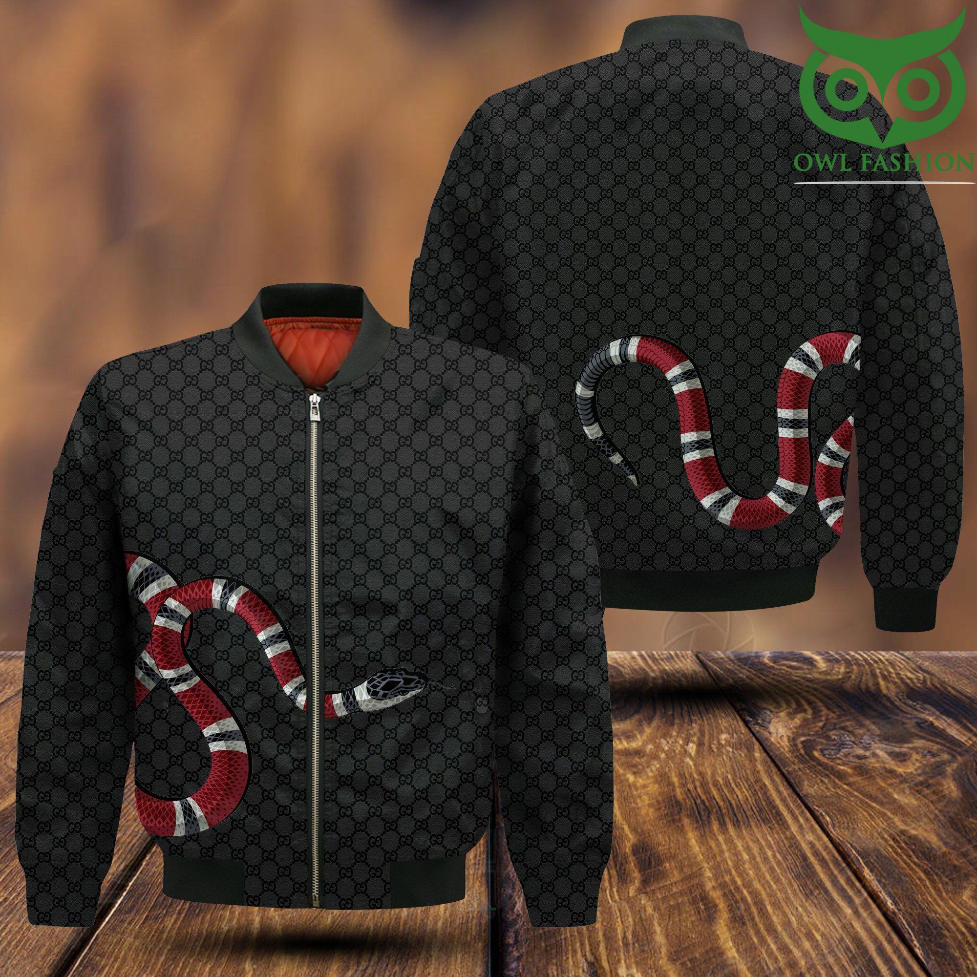115 Gucci red snake on black 3D Bomber jacket