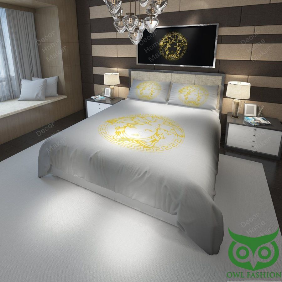 40 Luxury Versace Light Gray with Thin Yellow Medusa Head in Center Bedding Set