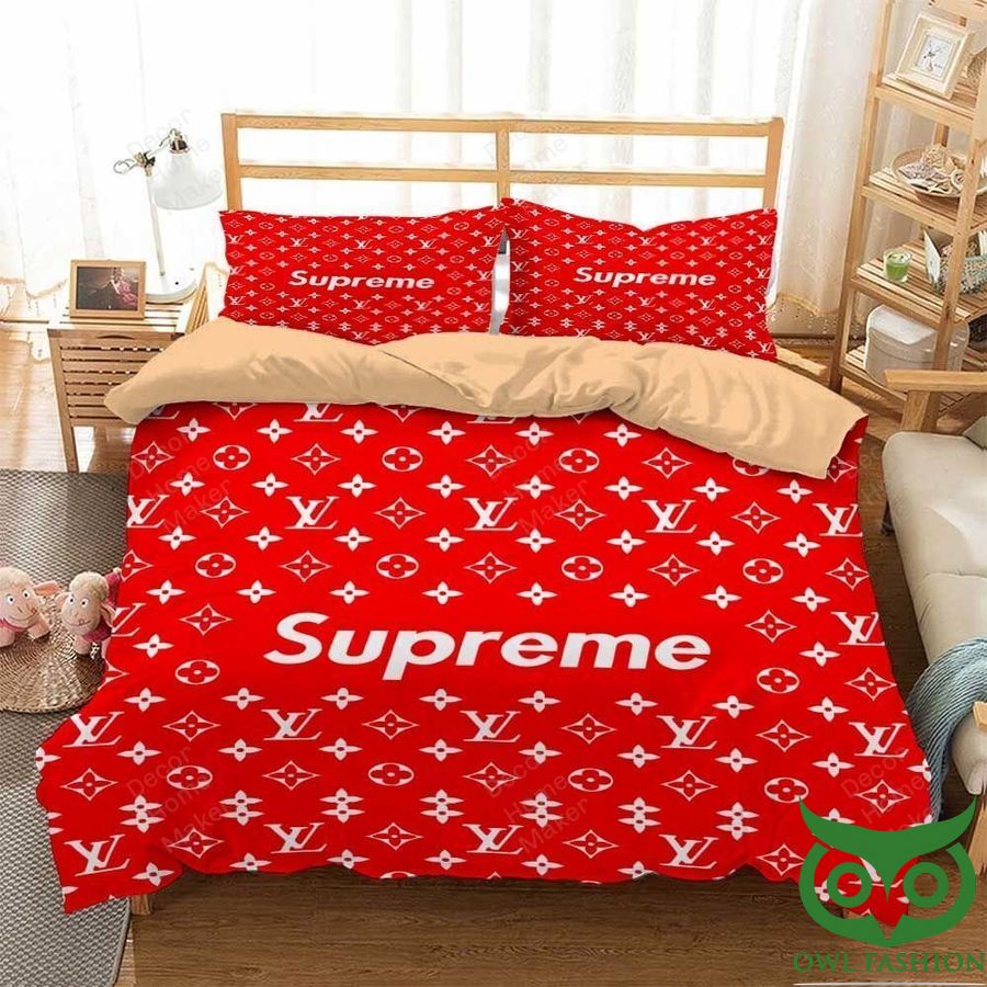11 Luxury Louis Vuitton Red with Supreme Name and Logos Bedding Set