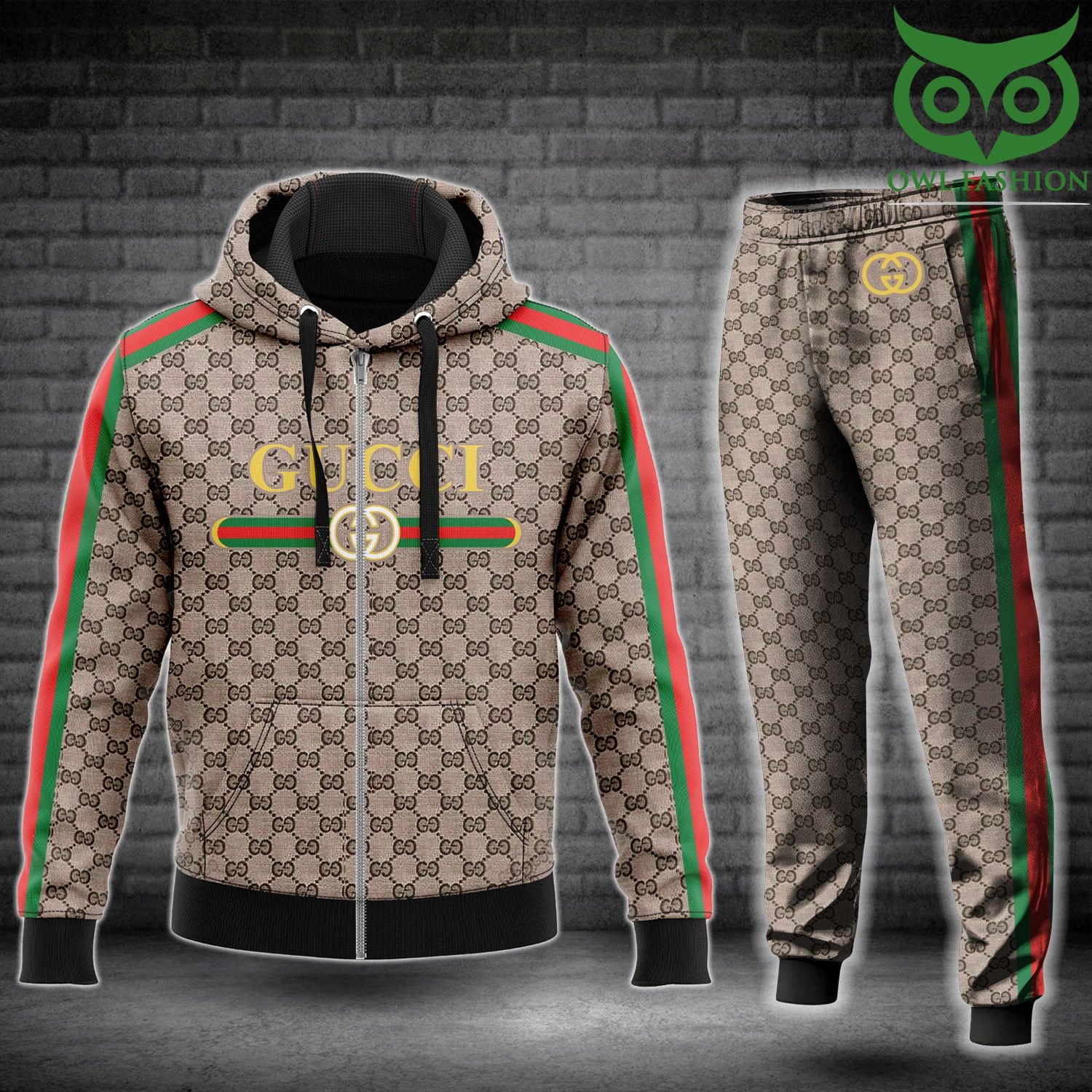 38 LUXURY Gucci beige signature logo hoodie and pants set