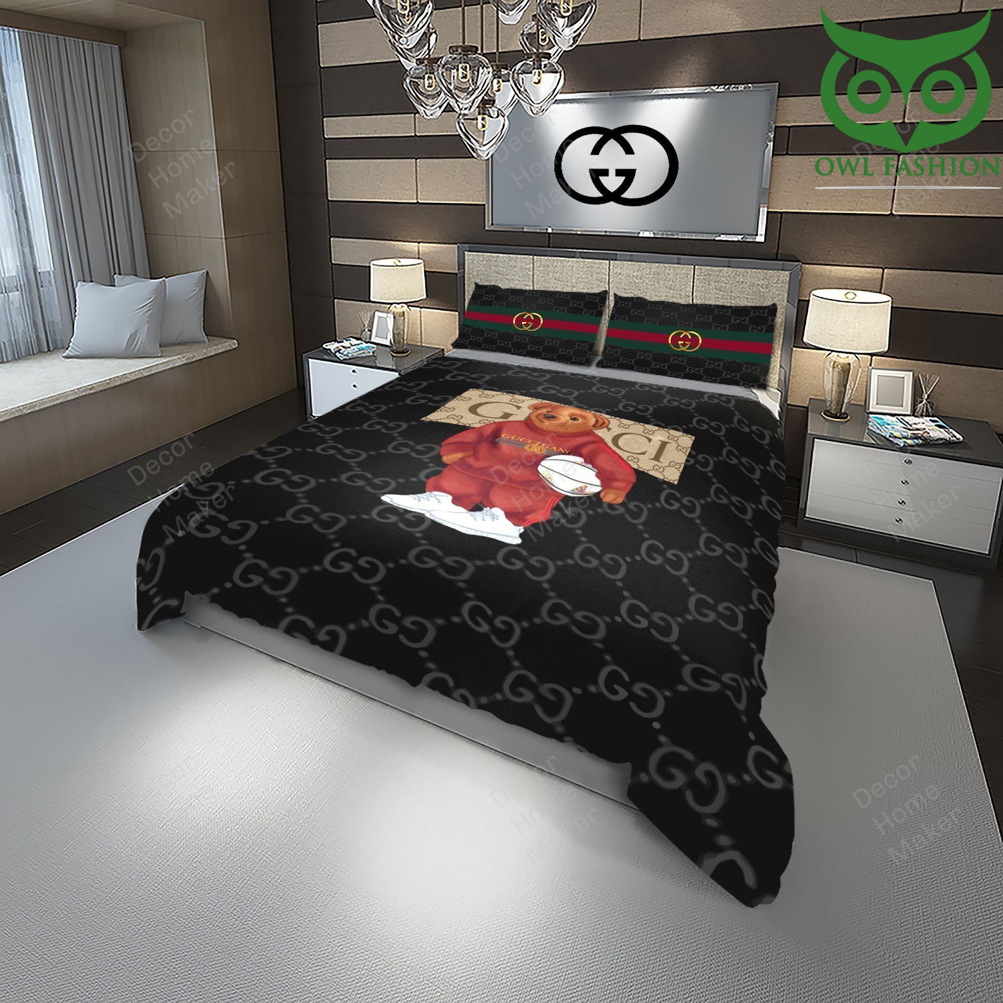 2 Gucci Bear wears red suit black bedding set