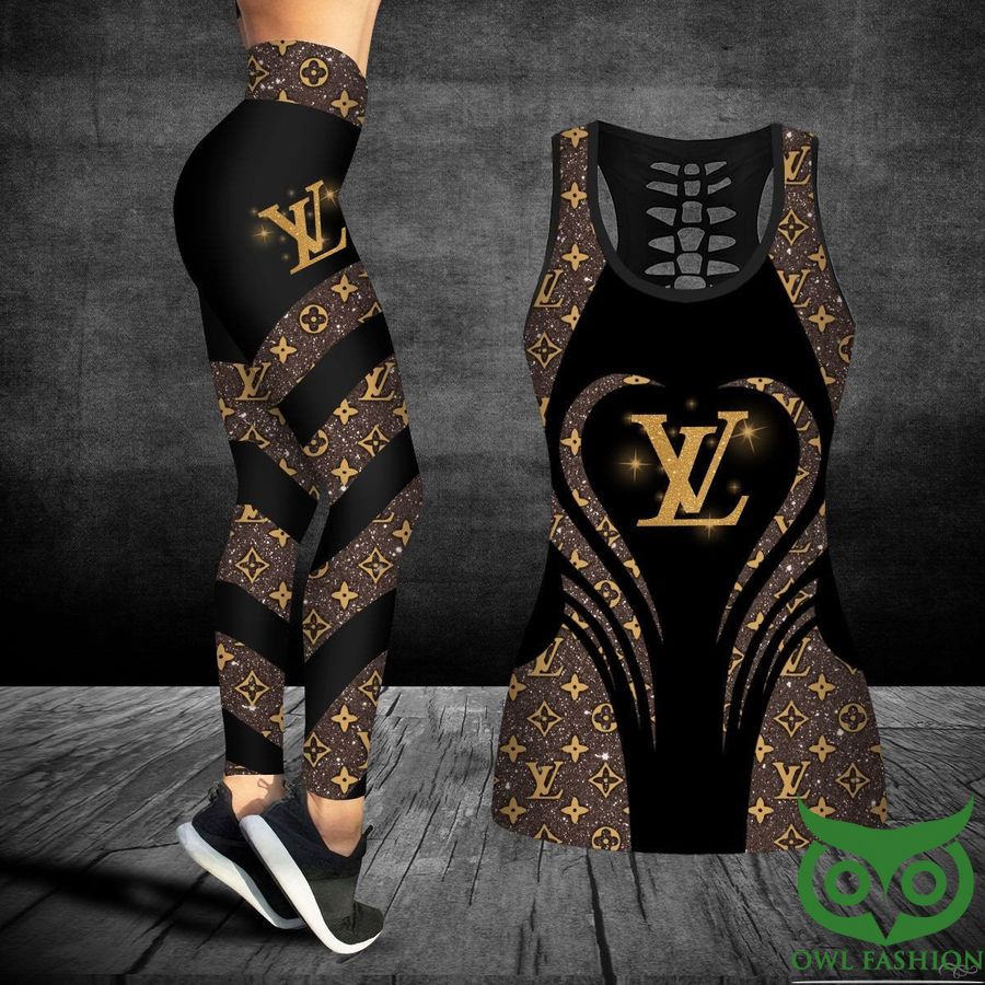 2 Luxury Louis Vuitton Black and Yellow Starry Sky with Logo Pattern Hollow Tanktop and Leggings