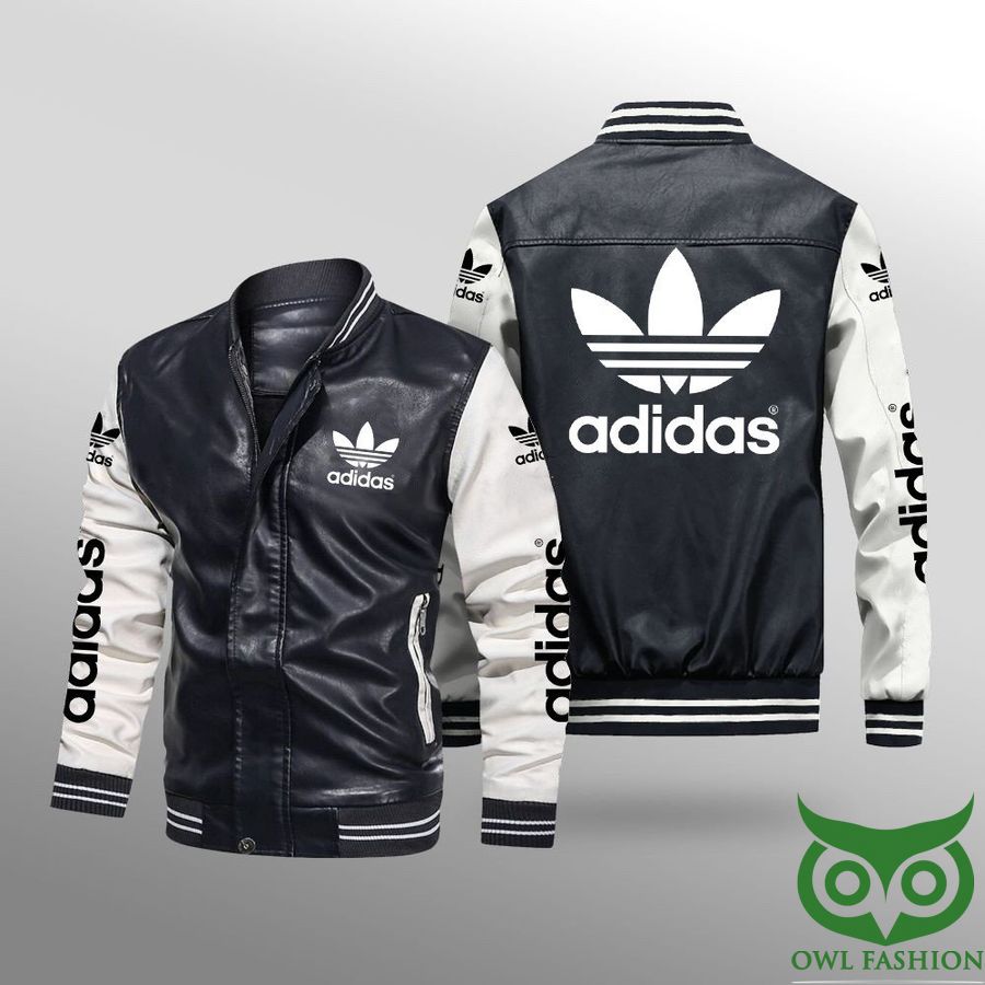 167 Luxury Adidas Black and White and Red and Blue with White Logo Leather Jacket