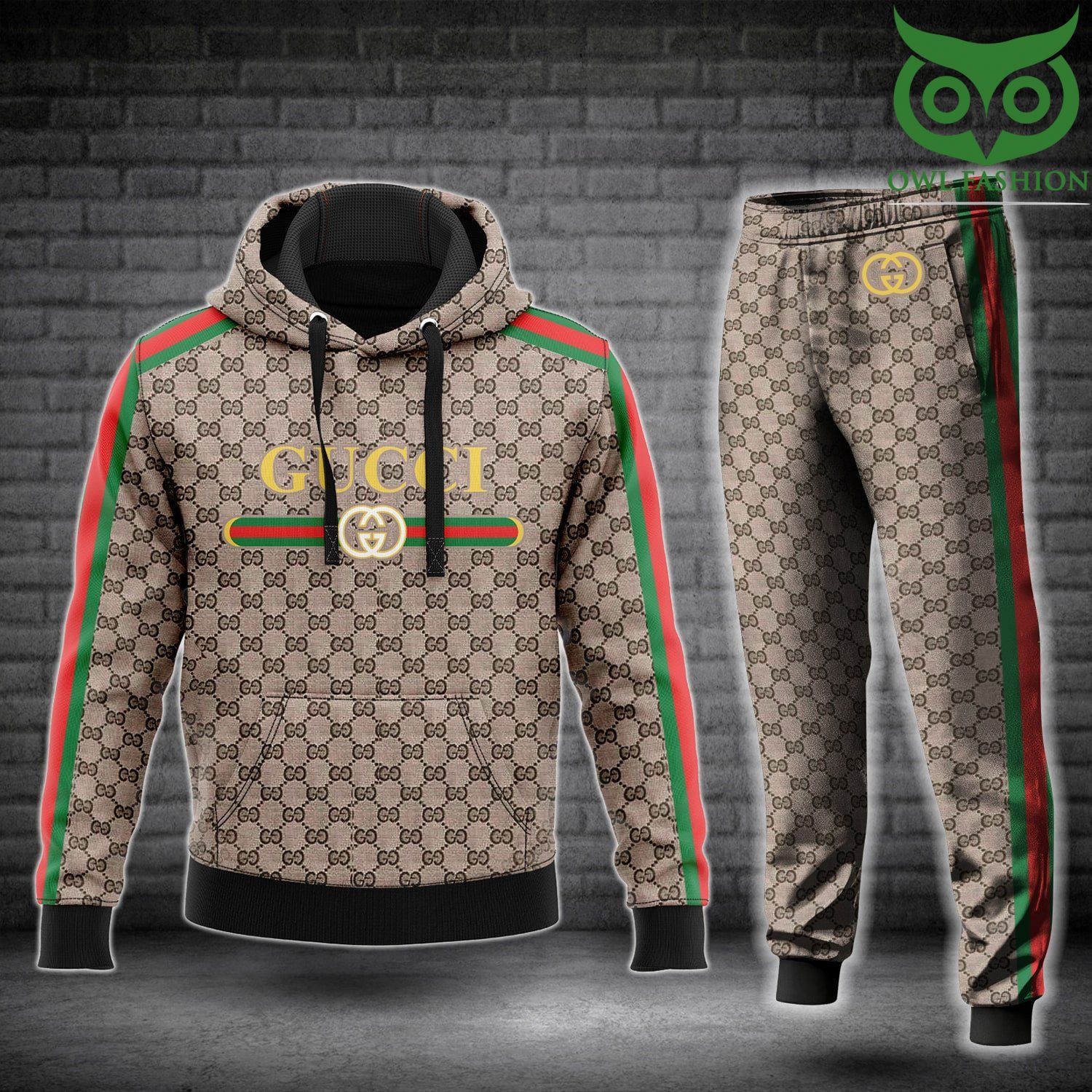 37 LUXURY Gucci beige signature logo hoodie and pants set
