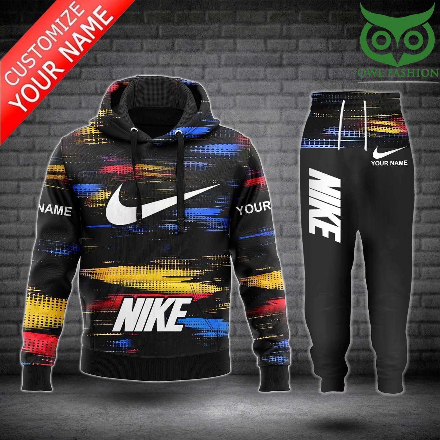 123 Nike black hoodies and sweatpants with yellow blue red hightlights