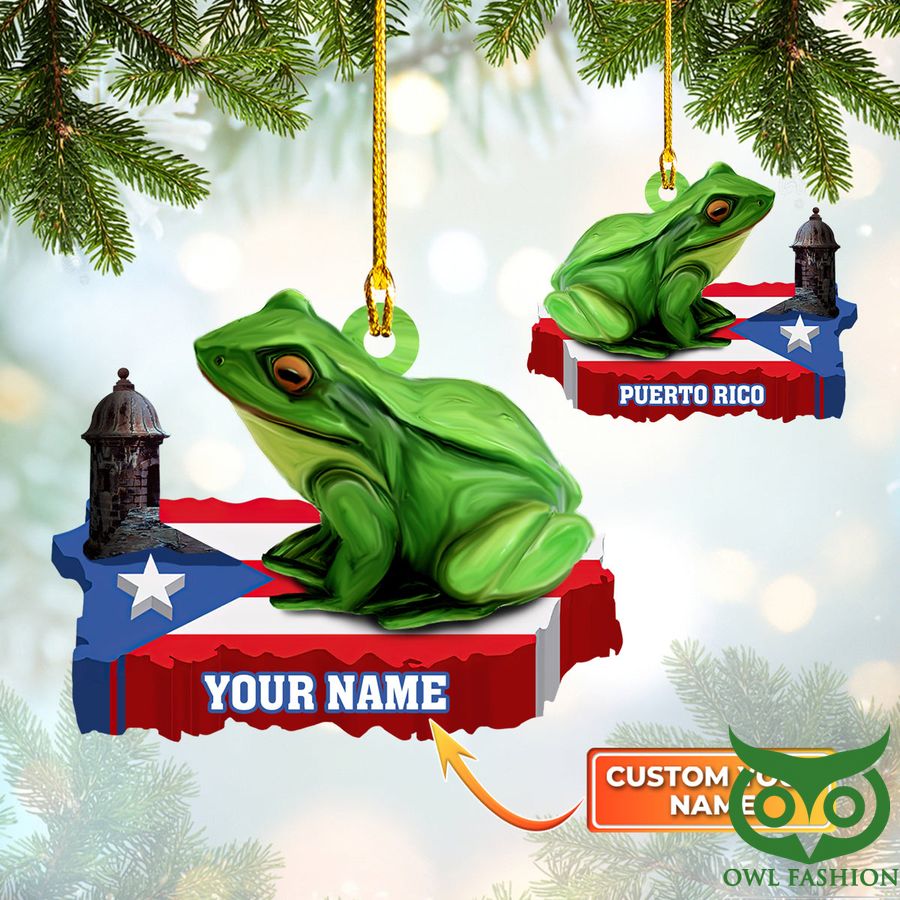 2 Custom Name Puerto Rico with Green Frog sitting on Territory Flag Ornament
