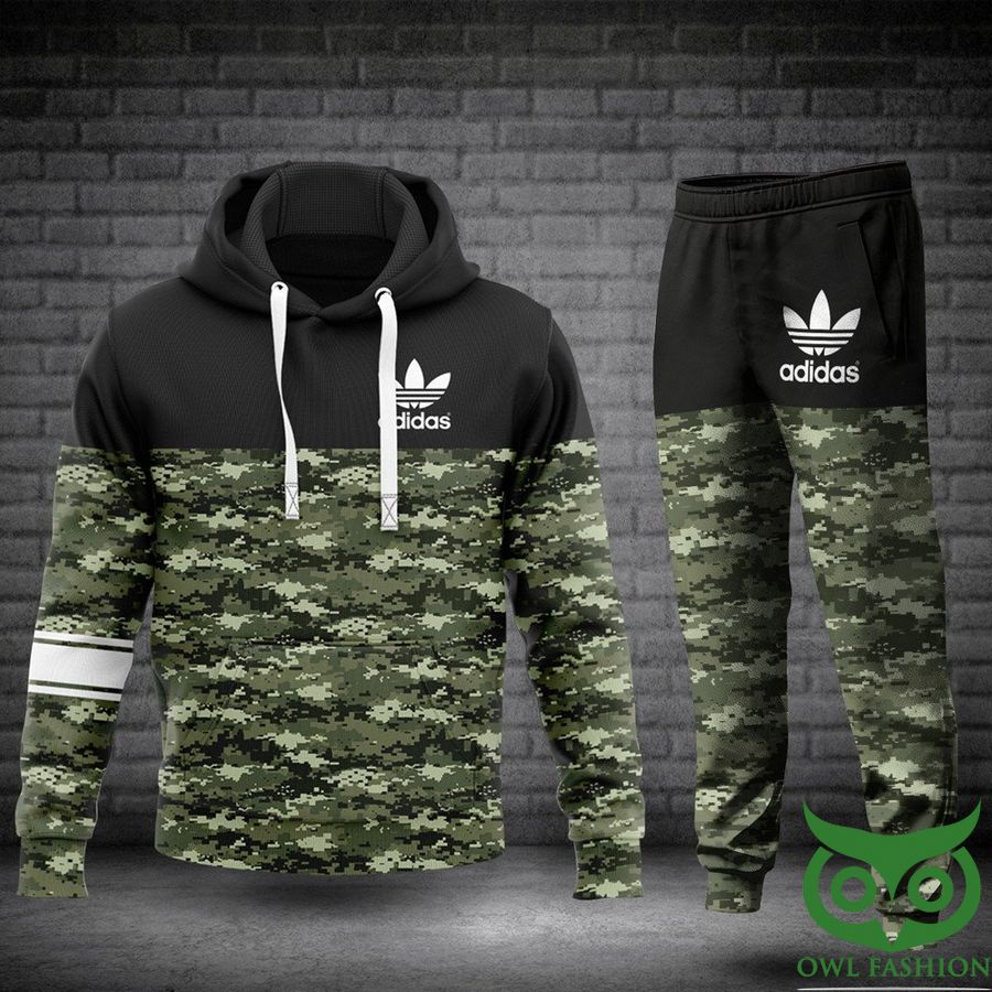120 Luxury Adidas Half Black Half Camo Pattern White Logo and Thick Line Hoodie and Pants