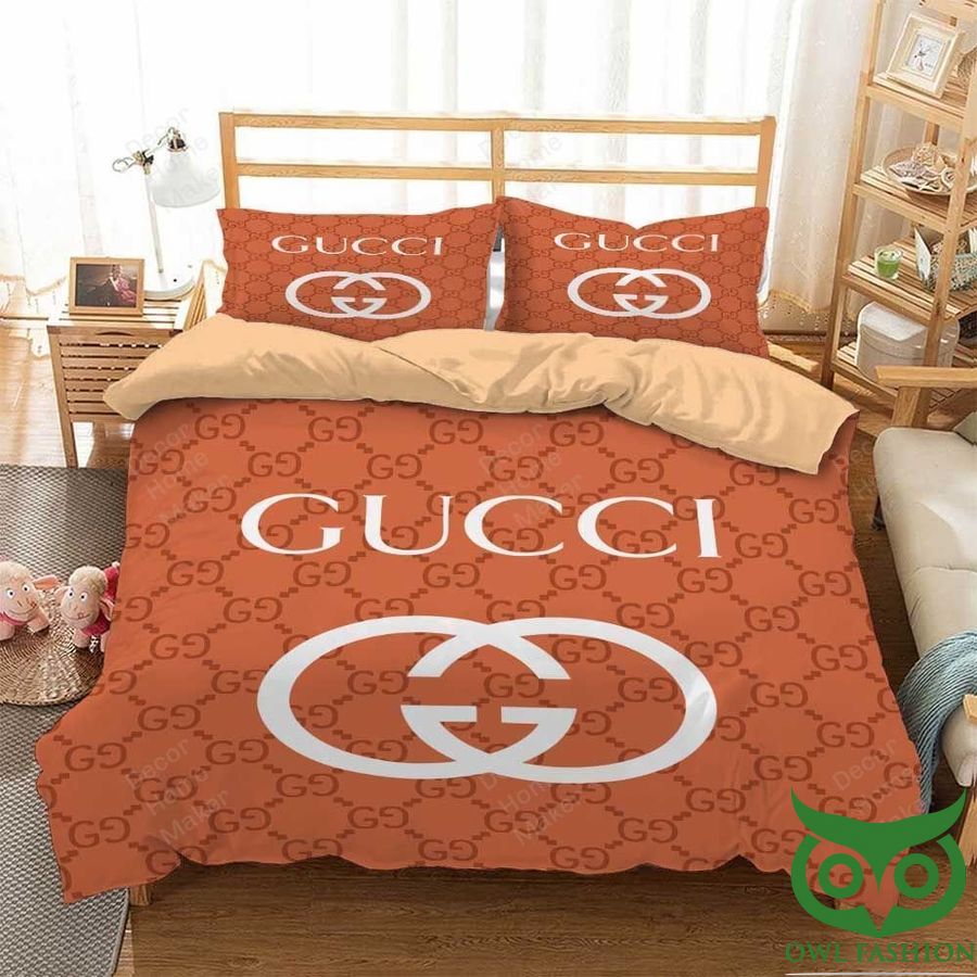 6 Luxury Gucci Orange with Big Light Gray Logo in Center Bedding Set