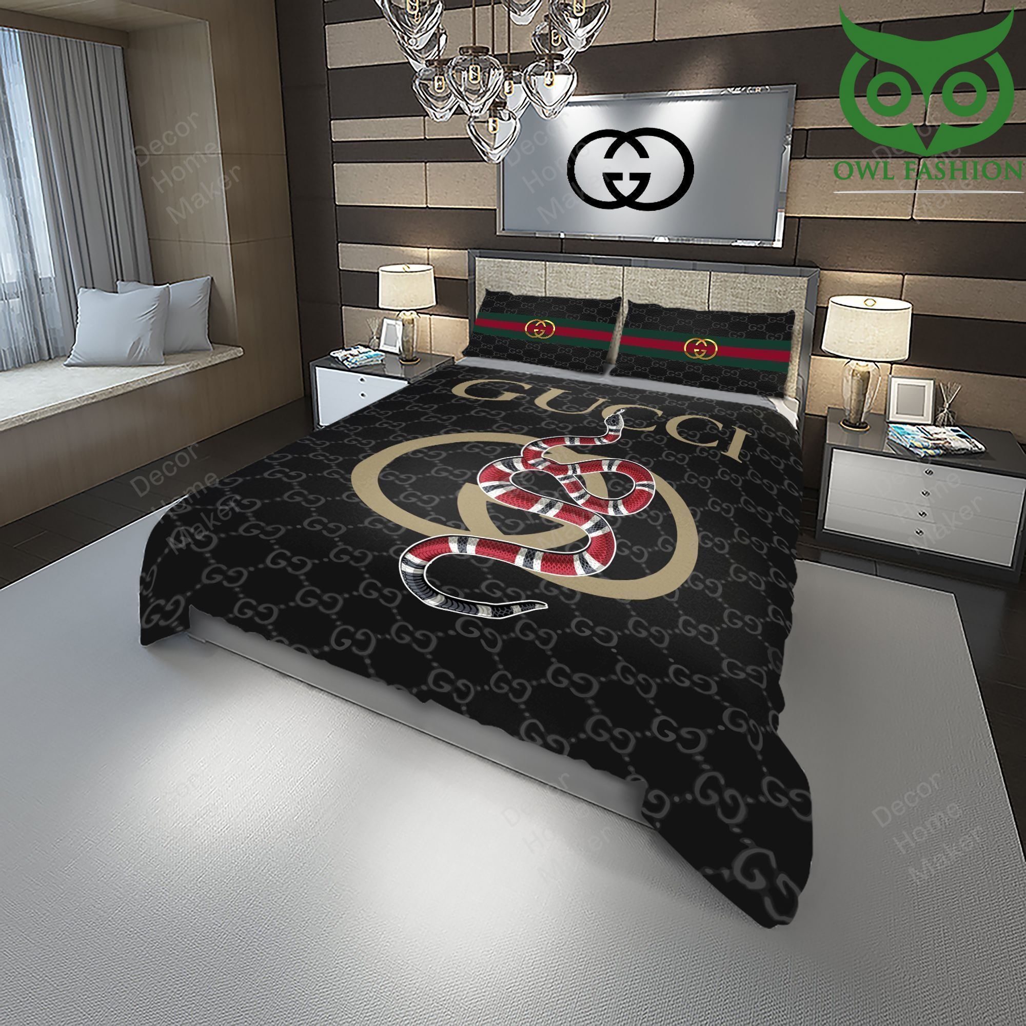 39 Gucci big red snake on logo black duvet bedding set luxury