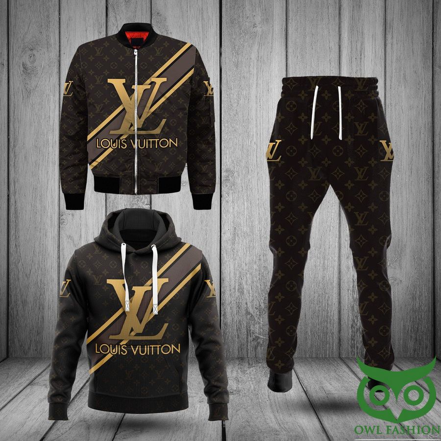 128 Luxury Louis Vuitton Dark Brown with Gold Diagonal Lines 3D Shirt and Pants