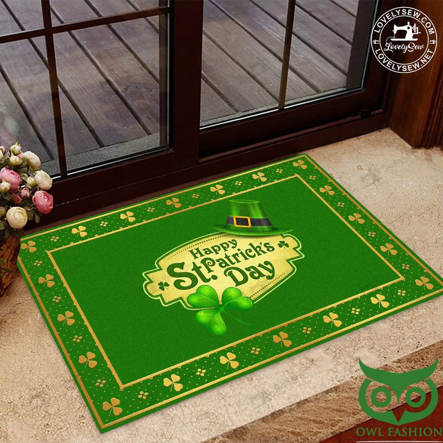 18 Happy St. Patricks Day Green Color with Hat and Leaves Doormat
