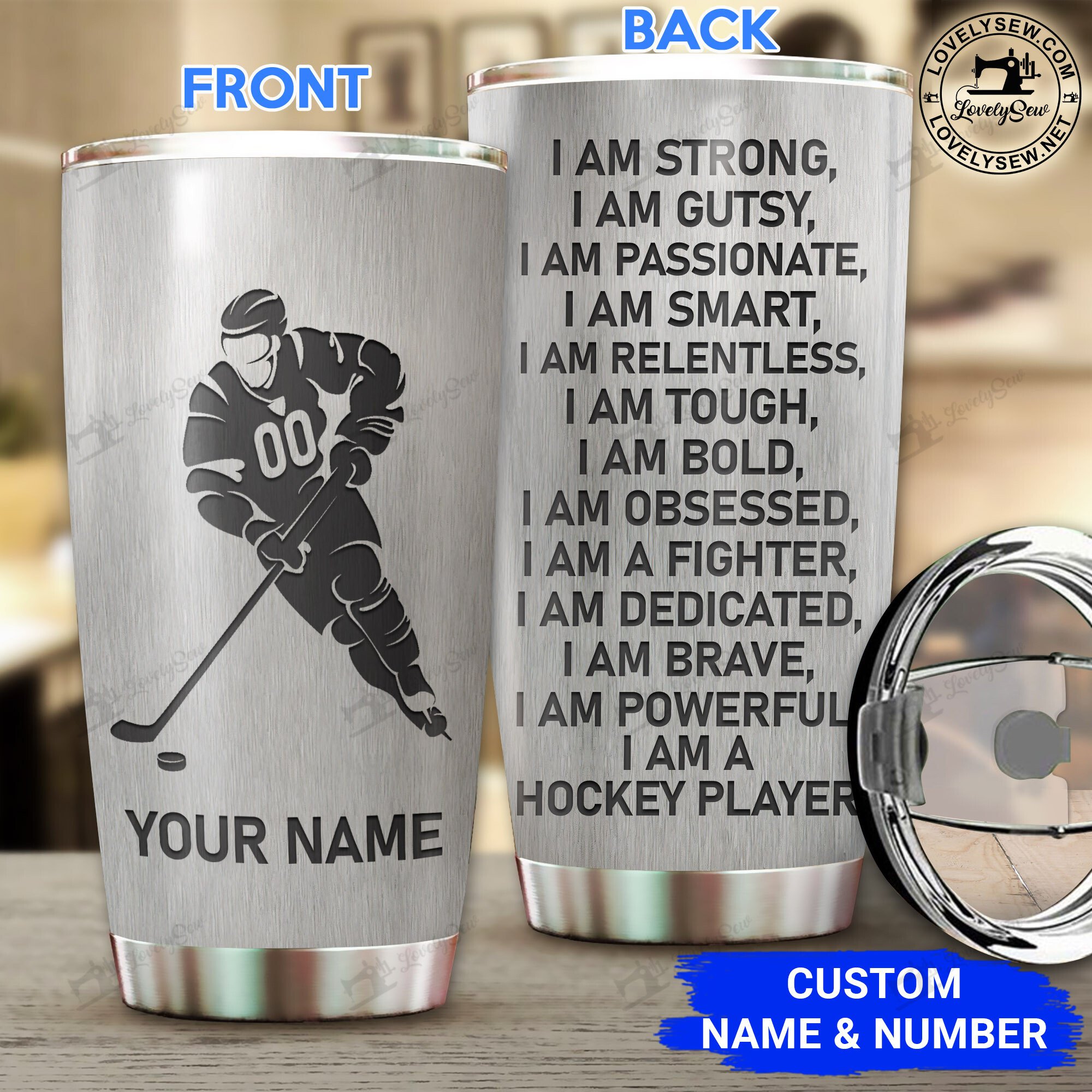 62 Custom Name Im a Hockey player Light Gray Stainless Steel Tumbler