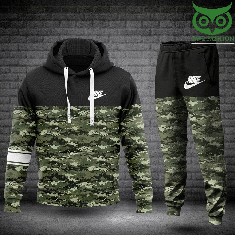 Nike camo pattern and black hoodies and sweatpants