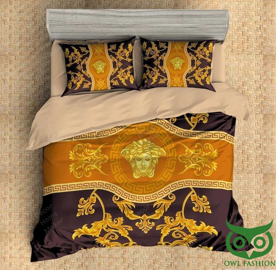 21 Luxury Versace Dark Brown Orange with Medusa Head and Greca Patterns Bedding Set