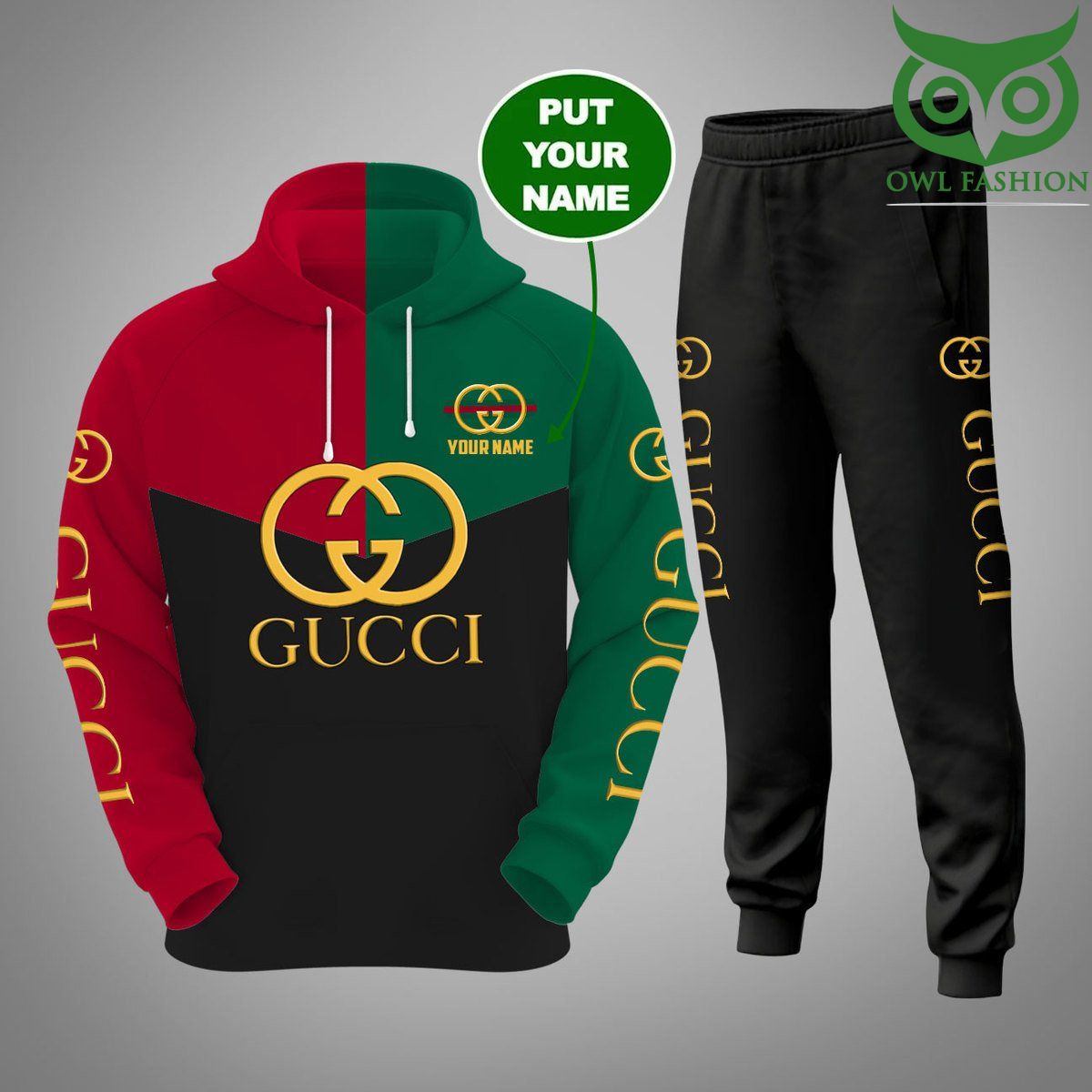 122 Personalized Gucci gold logo with red green tone 3d hoodie and pants set