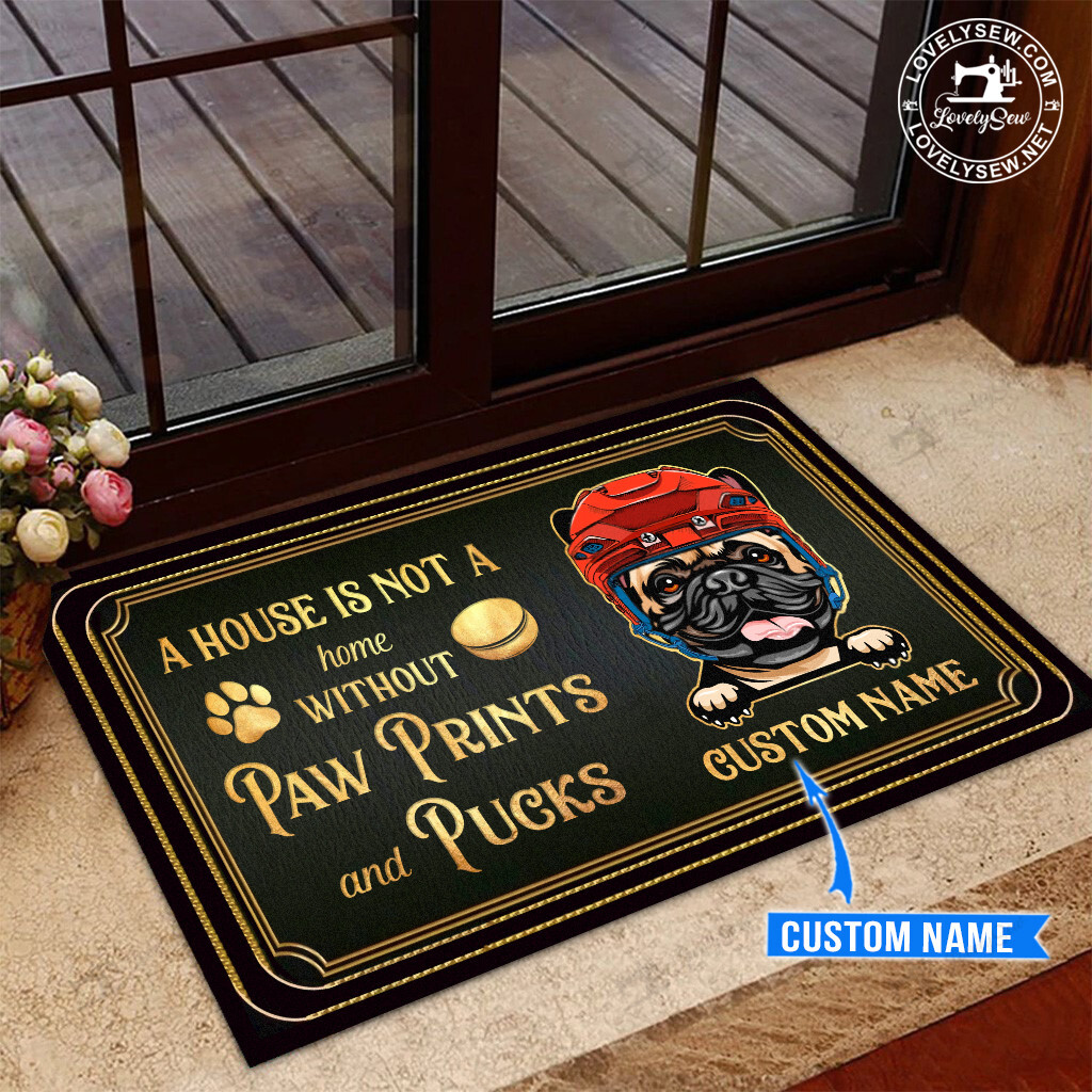 87 Custom Name French Bulldog Pawprints And Pucks Black Doormat