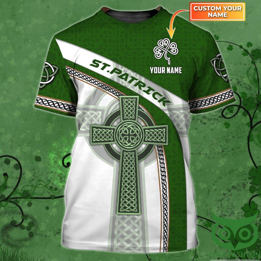 3 Custom Name Leaf and Big Green Crucifix Green St.Patricks Day 3D T shirt