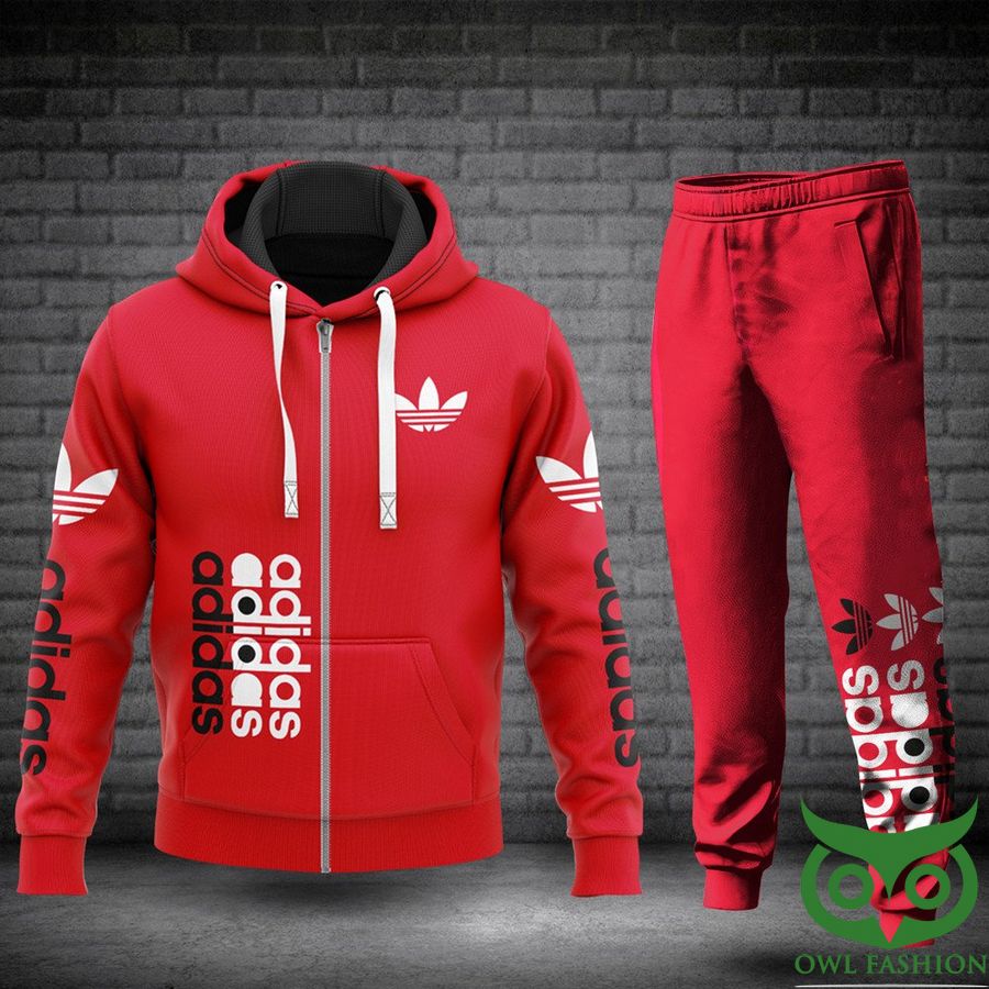 111 Luxury Adidas Red with Black and White Vertical Brand Name Hoodie and Pants