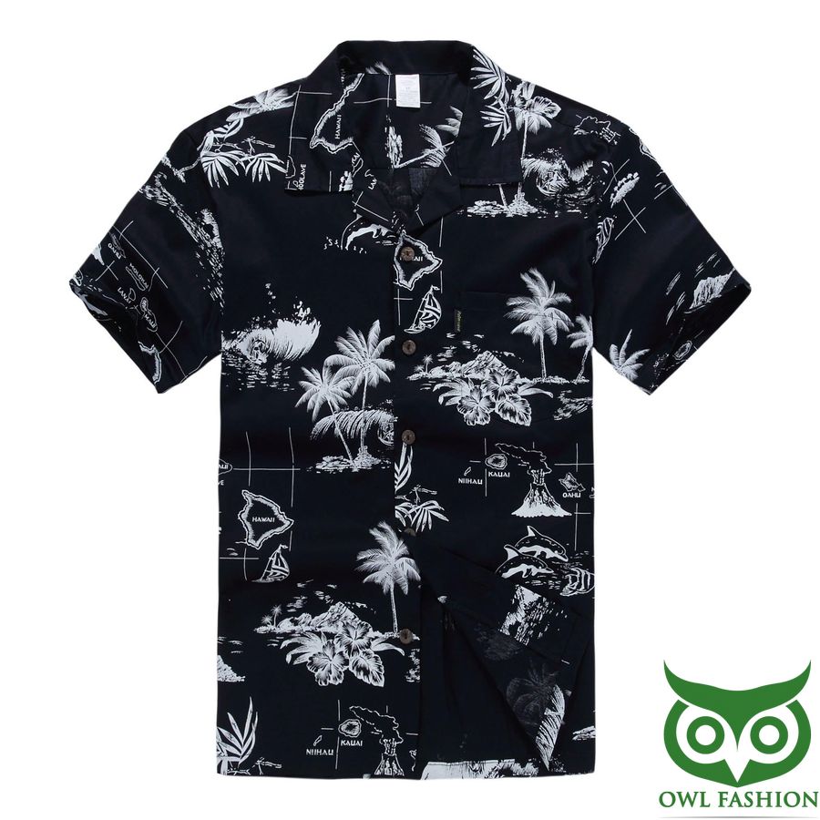 17 Black Map Tropical Sunset Coconut Trees Hawaiian Shirt