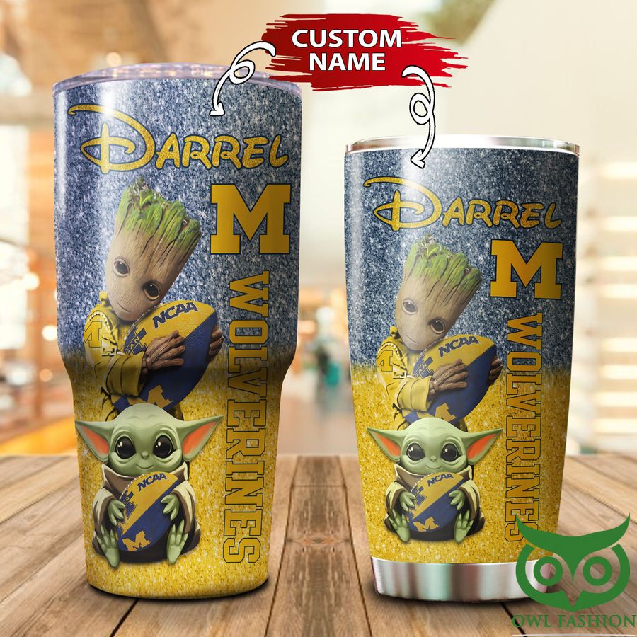 Custom Name Michigan Wolverines Bright Yellow and Blue Gray Groot Tumbler Cup
