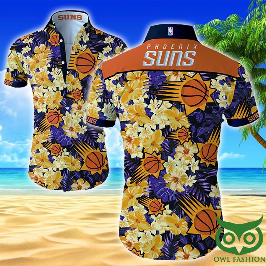 NBA Phoenix Suns Dark Purple and Orange Flowers Hawaiian Shirt 