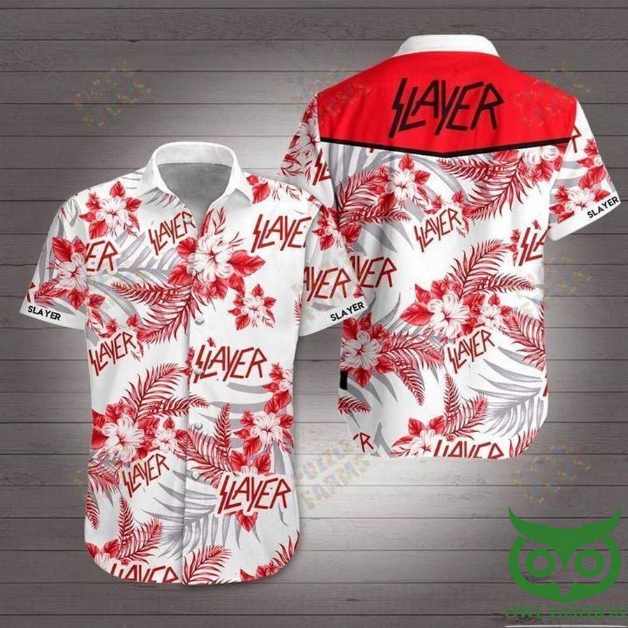 Slayer Rock Band White with Red and Gray Flowers Hawaiian Shirt