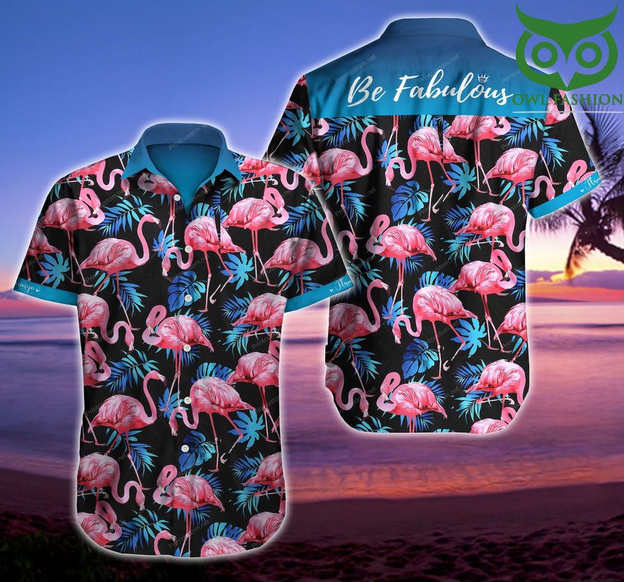 Tlab Flamingo blue tropical leaves Hawaiian Shirt 