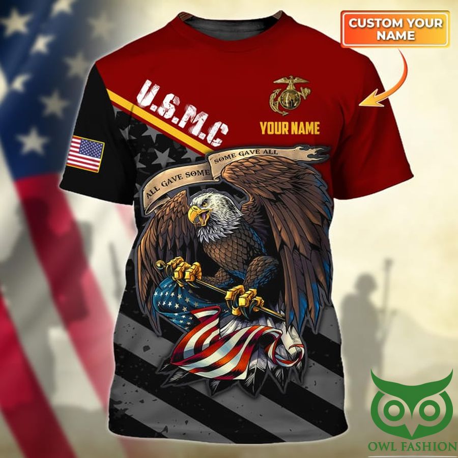 Custom Name USMC Eagle Holding USA Flag Red and Black 3D T-shirt