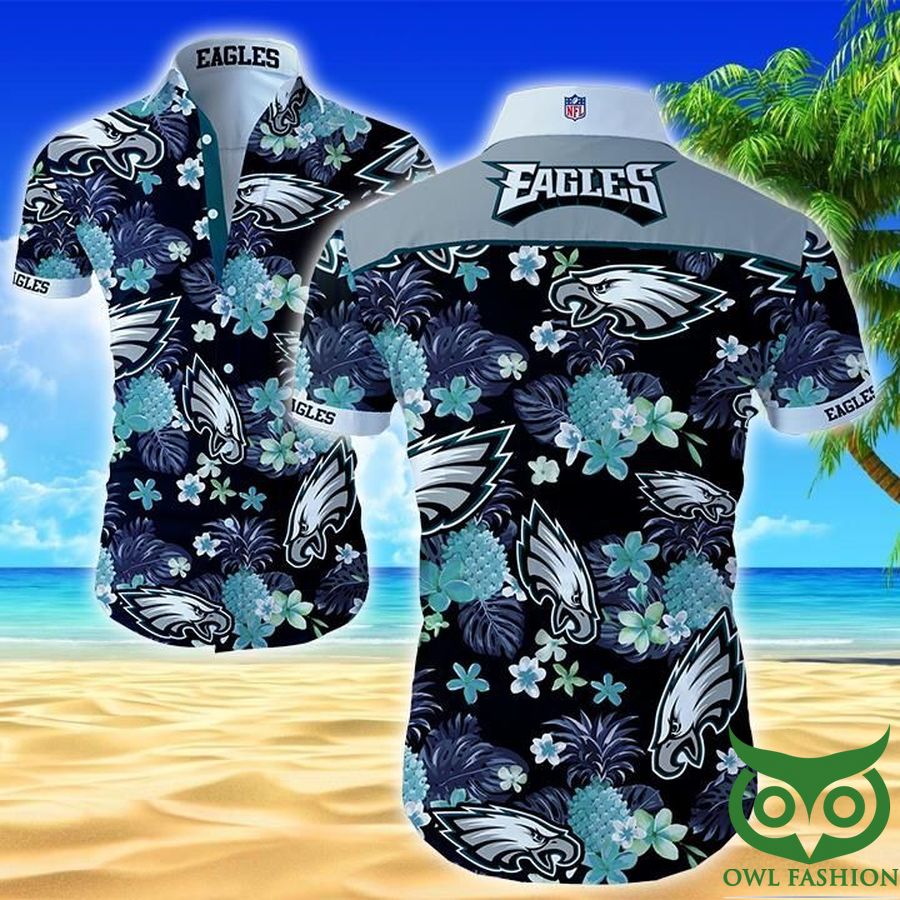 NFL Philadelphia Eagles Turquoise Flowers Black Hawaiian Shirt