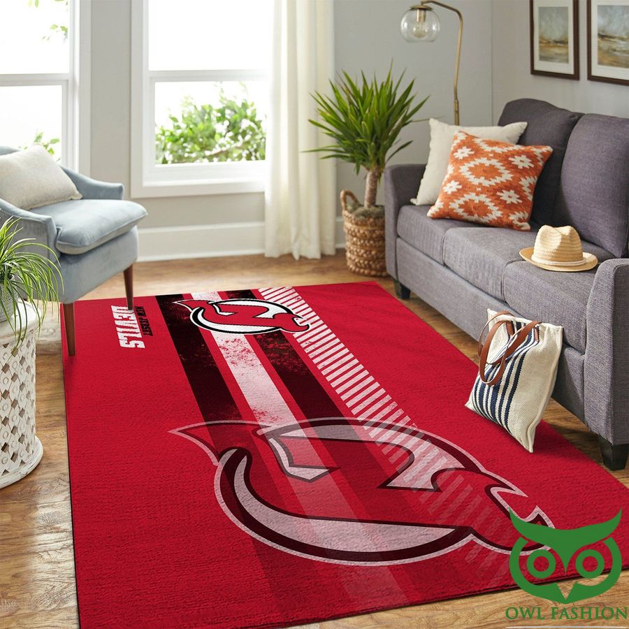 NHL New Jersey Devils Team Logo Red with Black White Stripes Carpet Rug