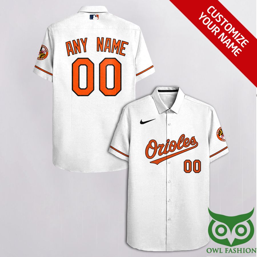 Custom Name Number Baltimore Orioles White and Orange Logo Hawaiian Shirt