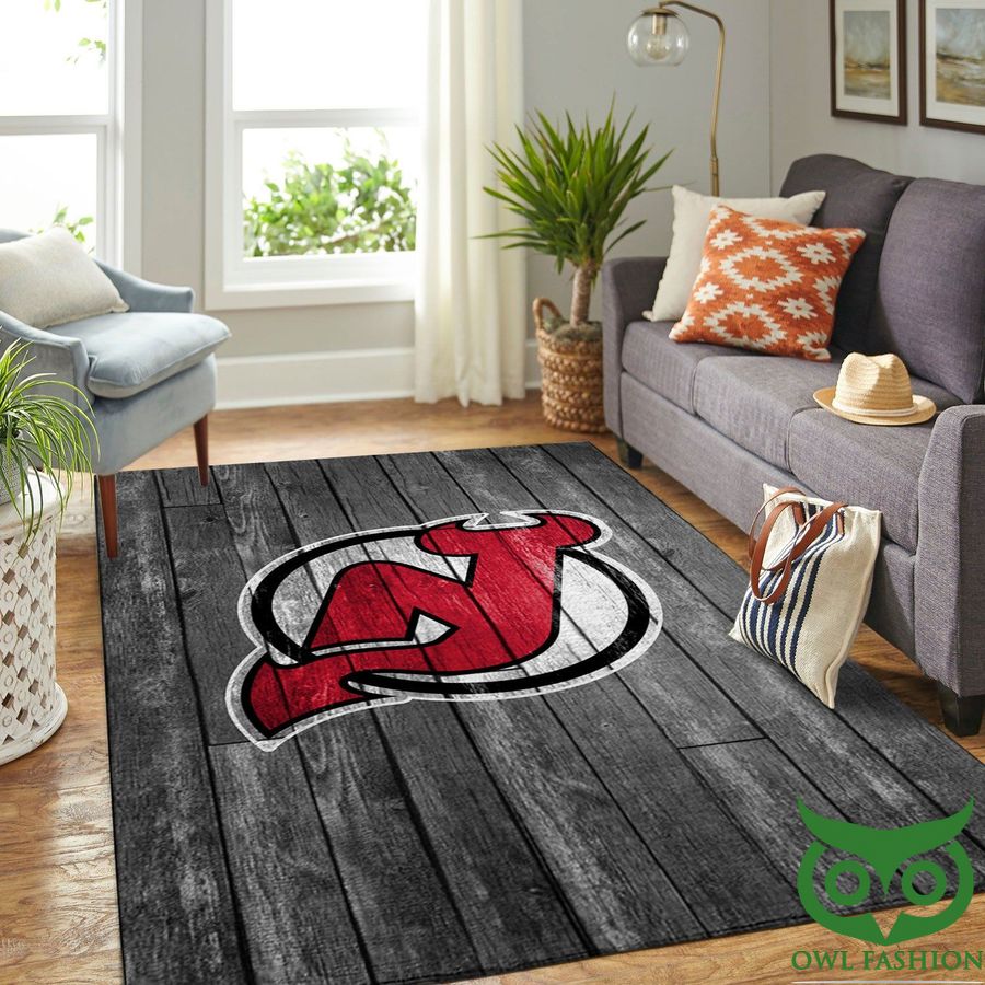 New Jersey Devils NHL Team Logo Dark Grey Wooden Style Carpet Rug