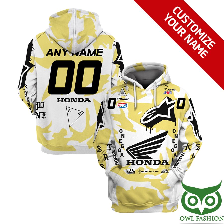 Custom Name Number Honda White and Light Yellow Star 3D Shirt