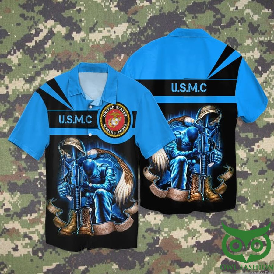 VETERAN MARINE CORPS with Weapon Blue and Black Hawaiian Shirt