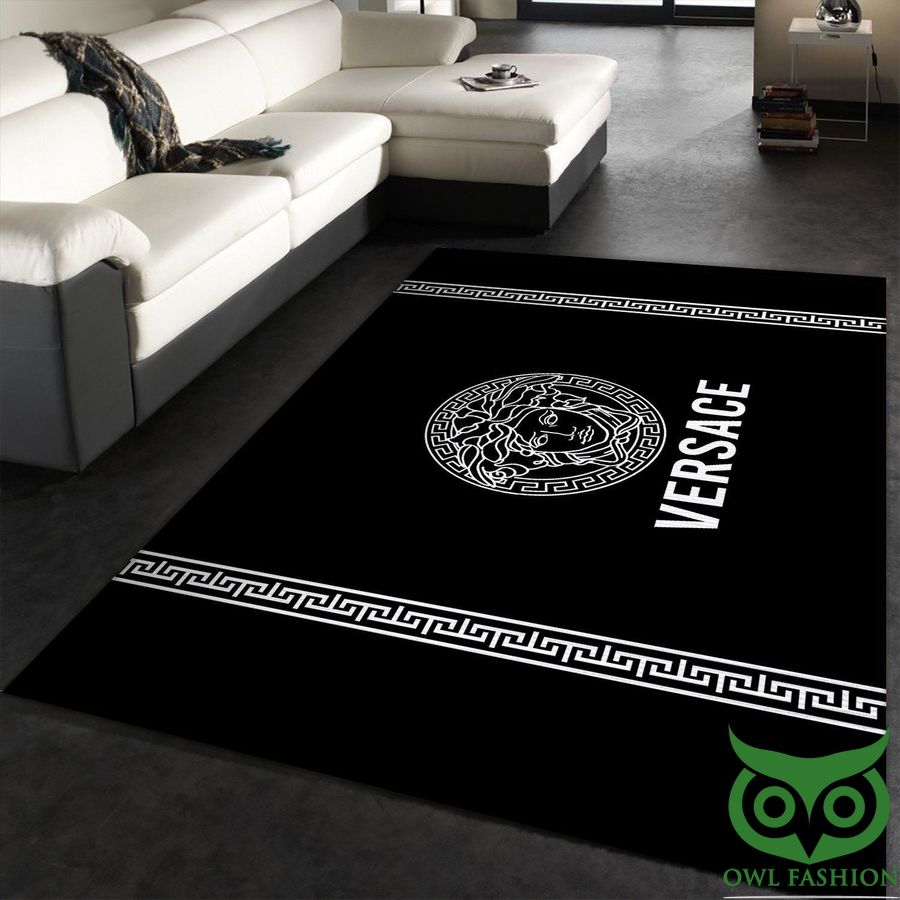 Versace Luxury Fashion Brand Black White Medusa Head and Greca Pattern Carpet Rug