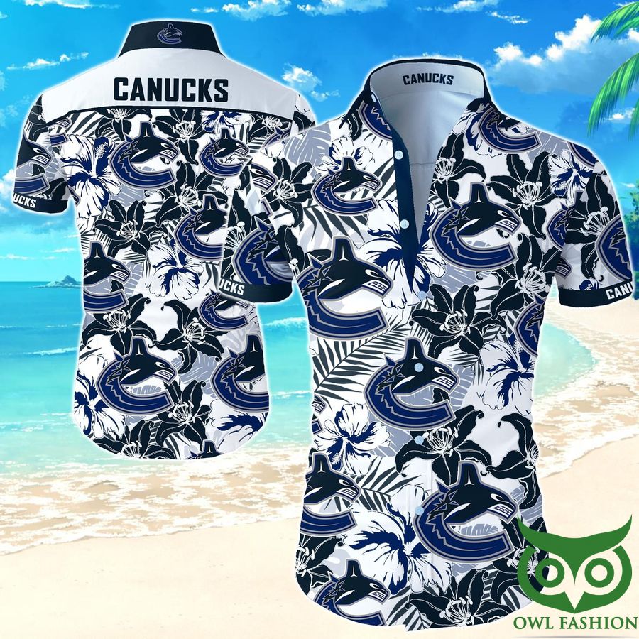 NHL Vancouver Canucks Ink Blue and White Floral Hawaiian Shirt 