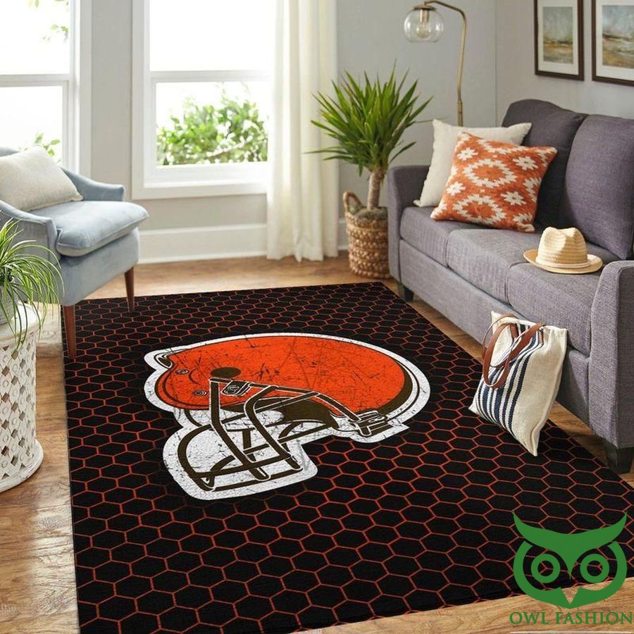 NFL Cleveland Browns Team Logo Black with Orang Hexagon Pattern Carpet Rug