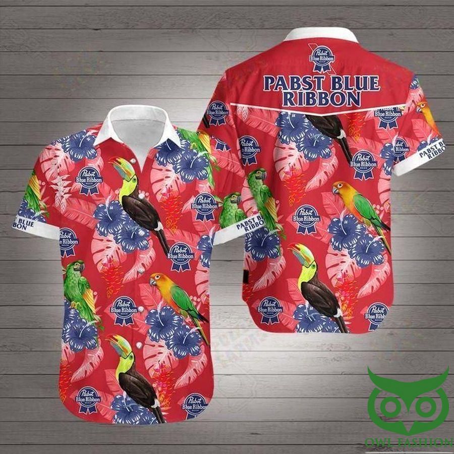 Pabst Blue Ribbon Red with Colorful Parrot Hawaiian Shirt 