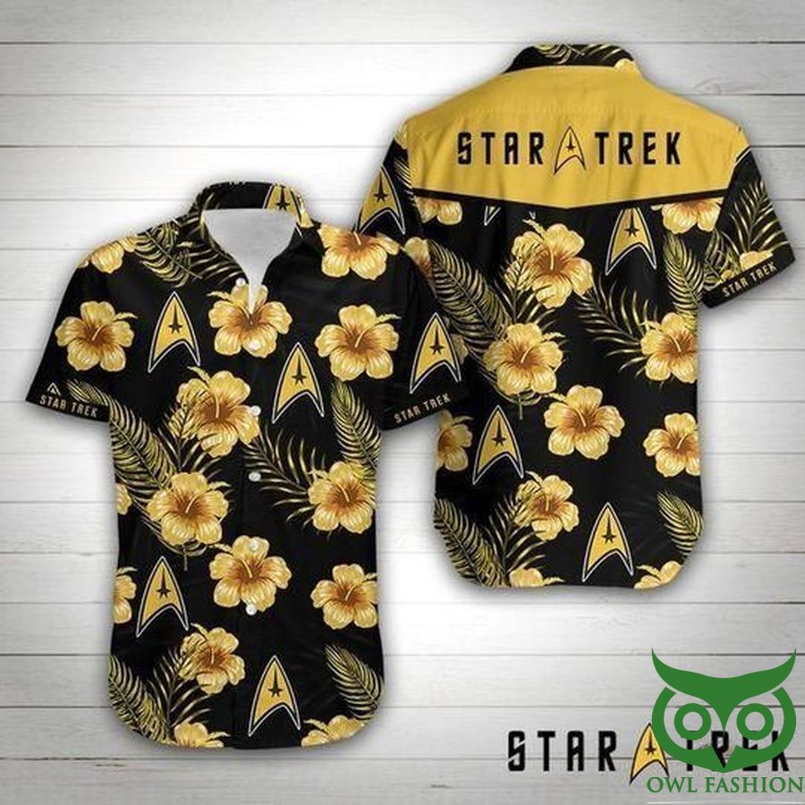 Star Trek Gold Color and Black Floral Hawaiian Shirt